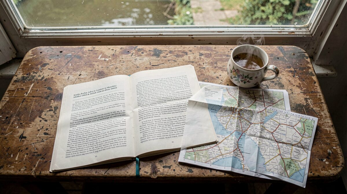 A worn wooden desk by a canal-side window in morning light, an open Dutch booklet, a folded map, and a cup of herbal tea, framed from above.